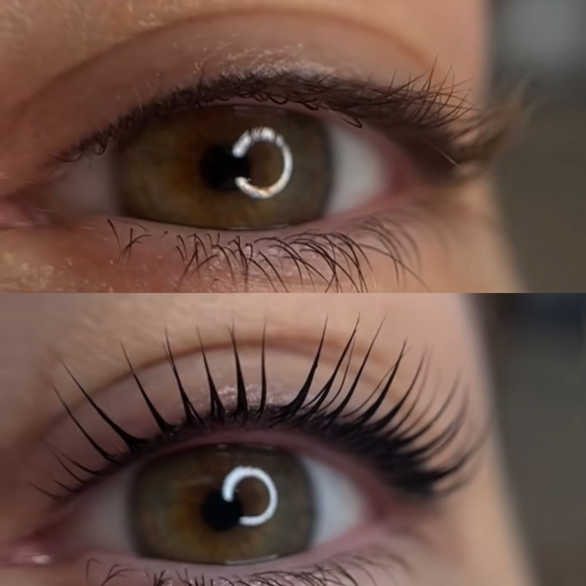A before and after picture of a woman 's eye