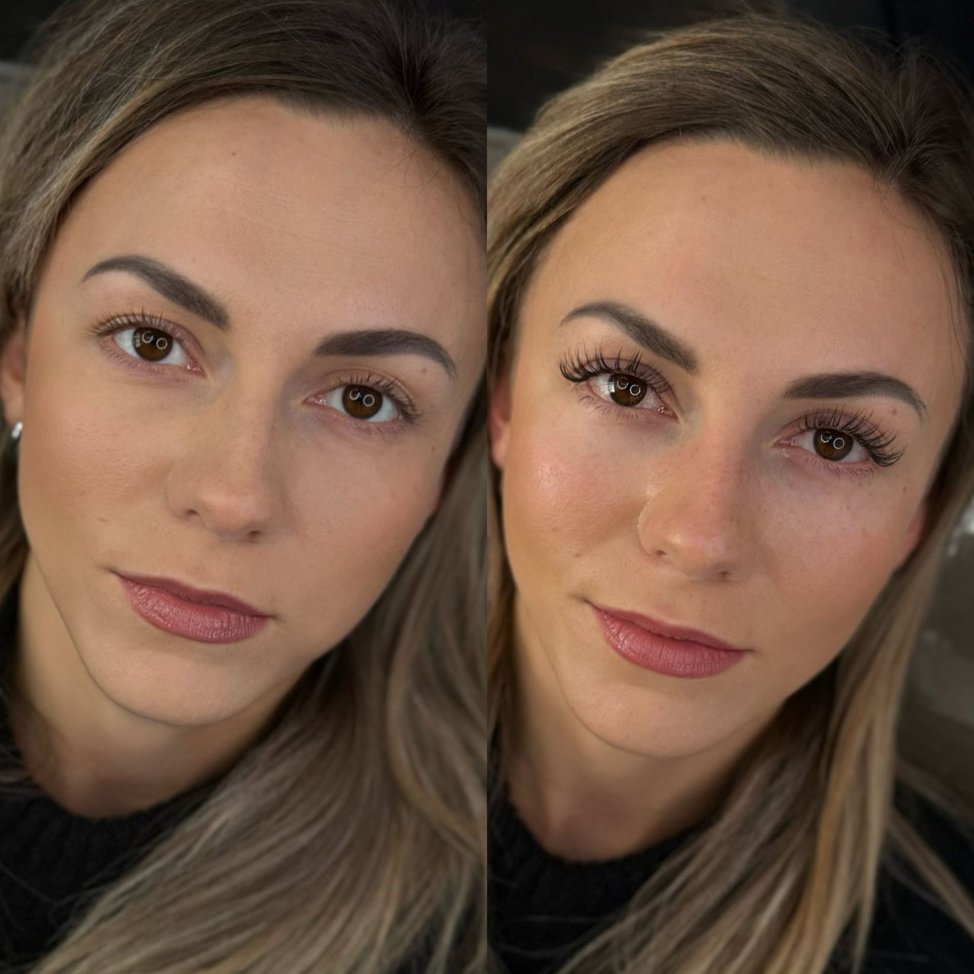 Two pictures of a woman 's face before and after makeup.