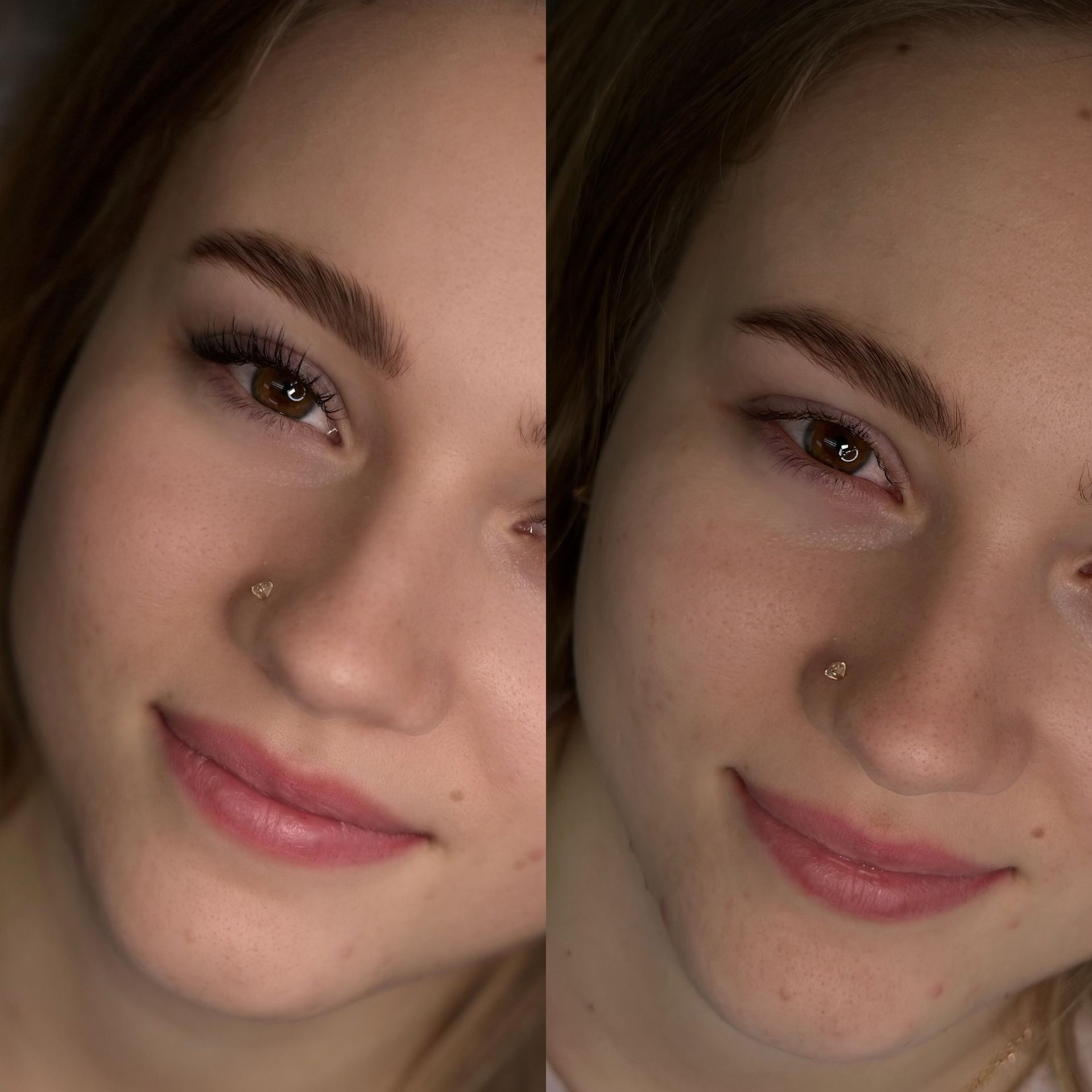 A close up of a woman 's face before and after makeup.