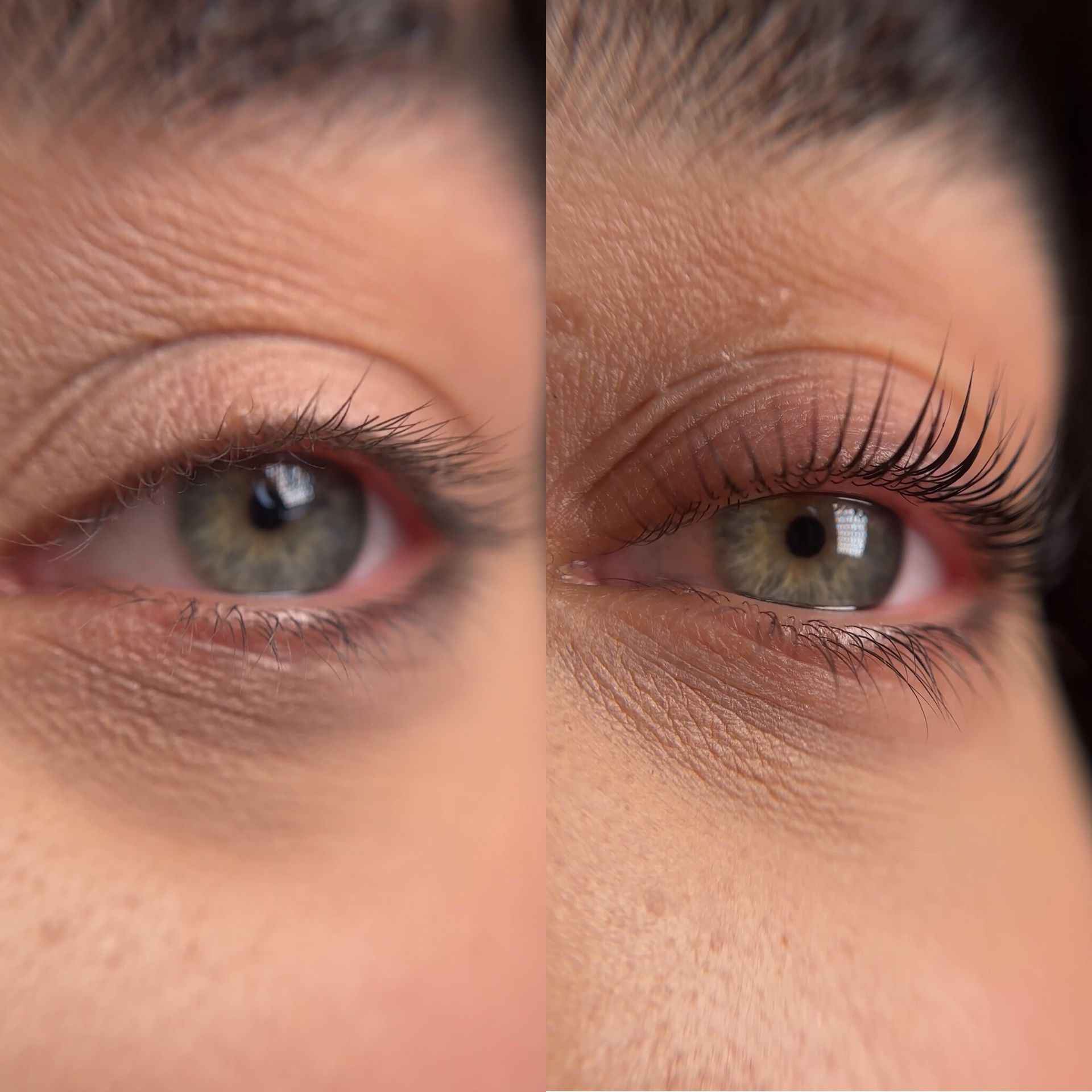 A before and after picture of a woman 's eye with lashes.