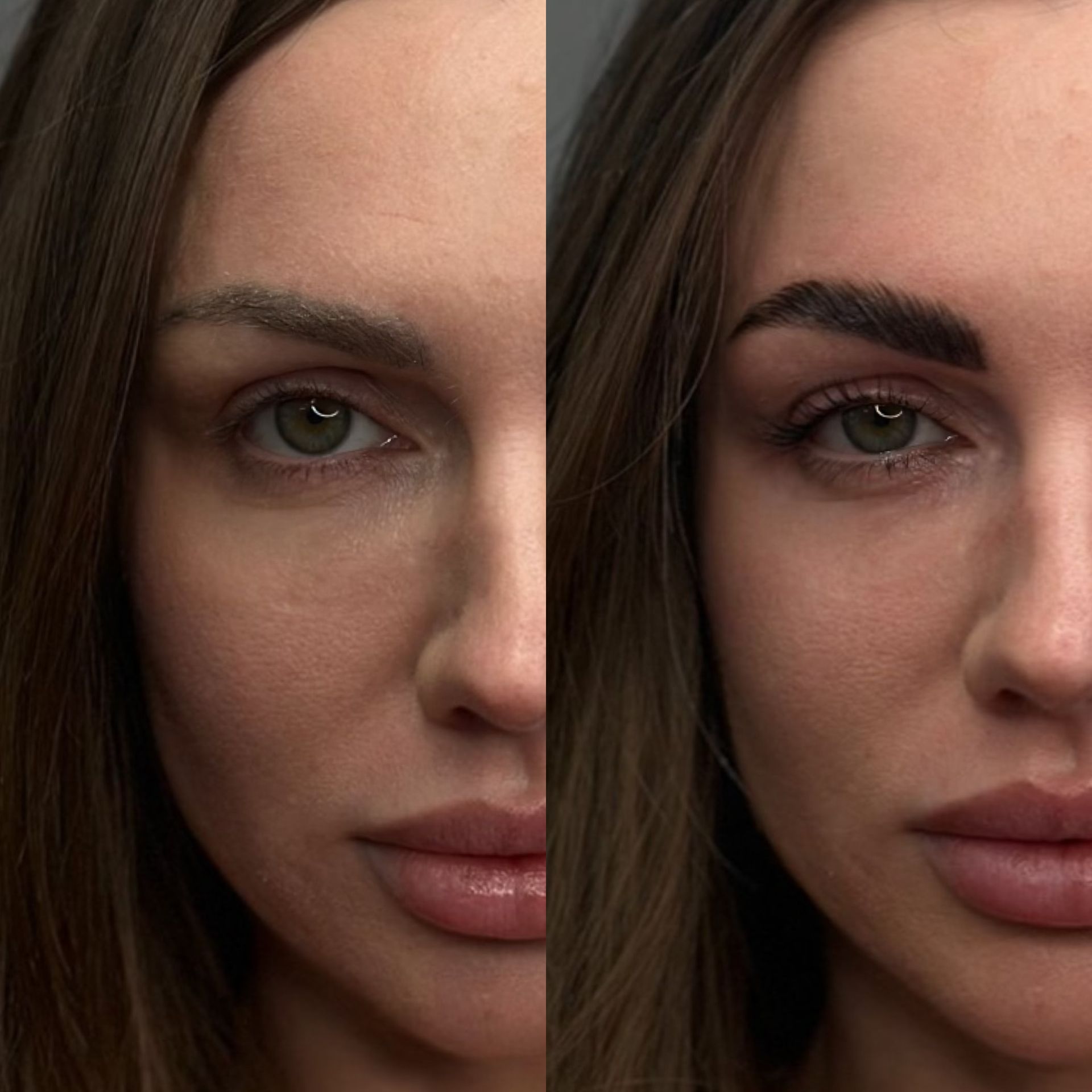 A before and after photo of a woman 's face with and without eyebrows.