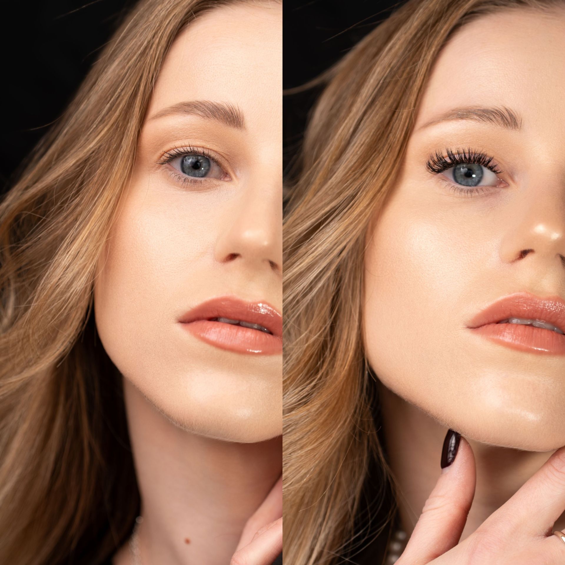 A close up of a woman 's face before and after makeup