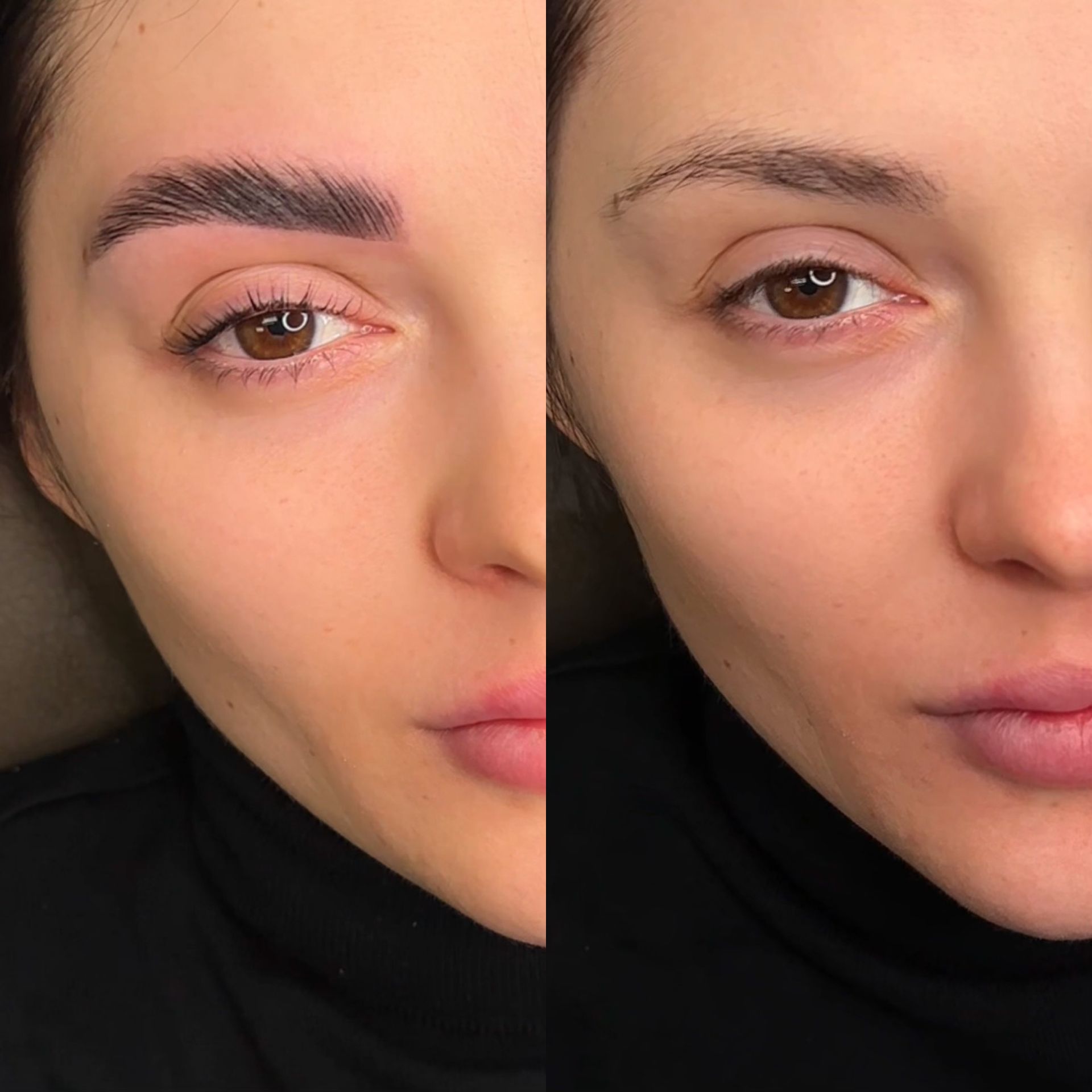 A before and after picture of a woman 's eyebrows.