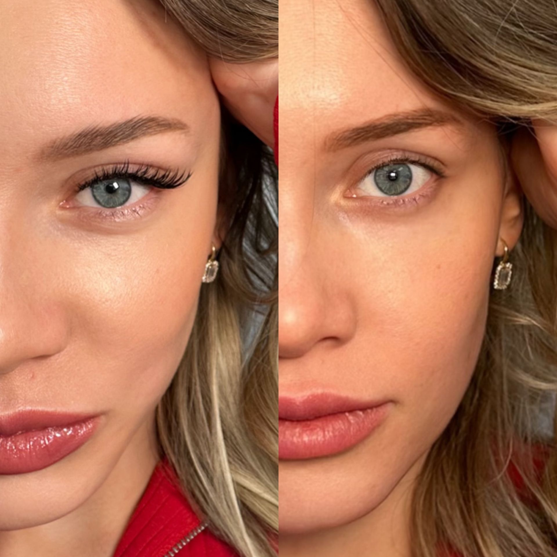 A close up of a woman 's face with blue eyes