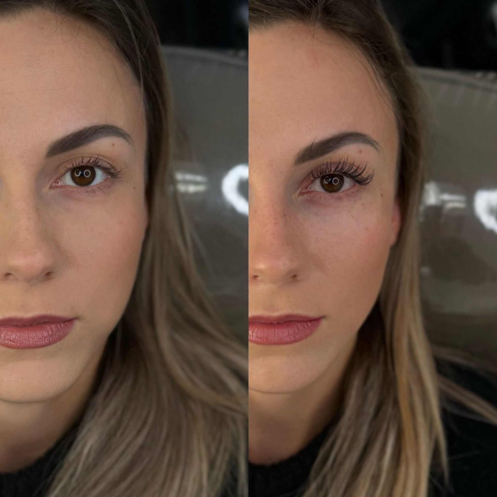 A close up of a woman 's face before and after makeup.