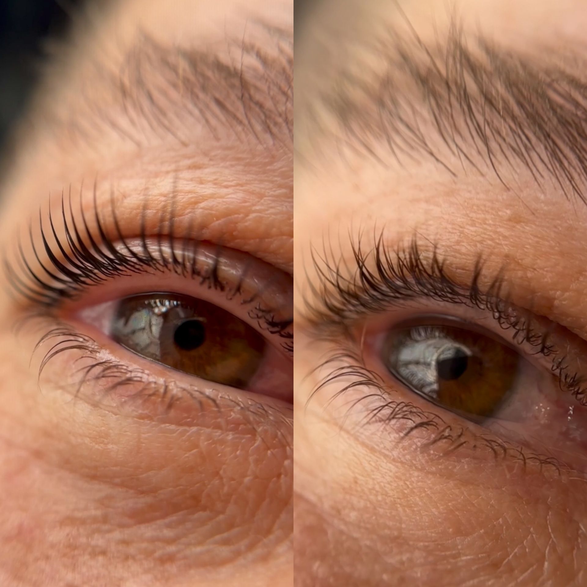 A before and after picture of a woman 's eye with a lash lift.