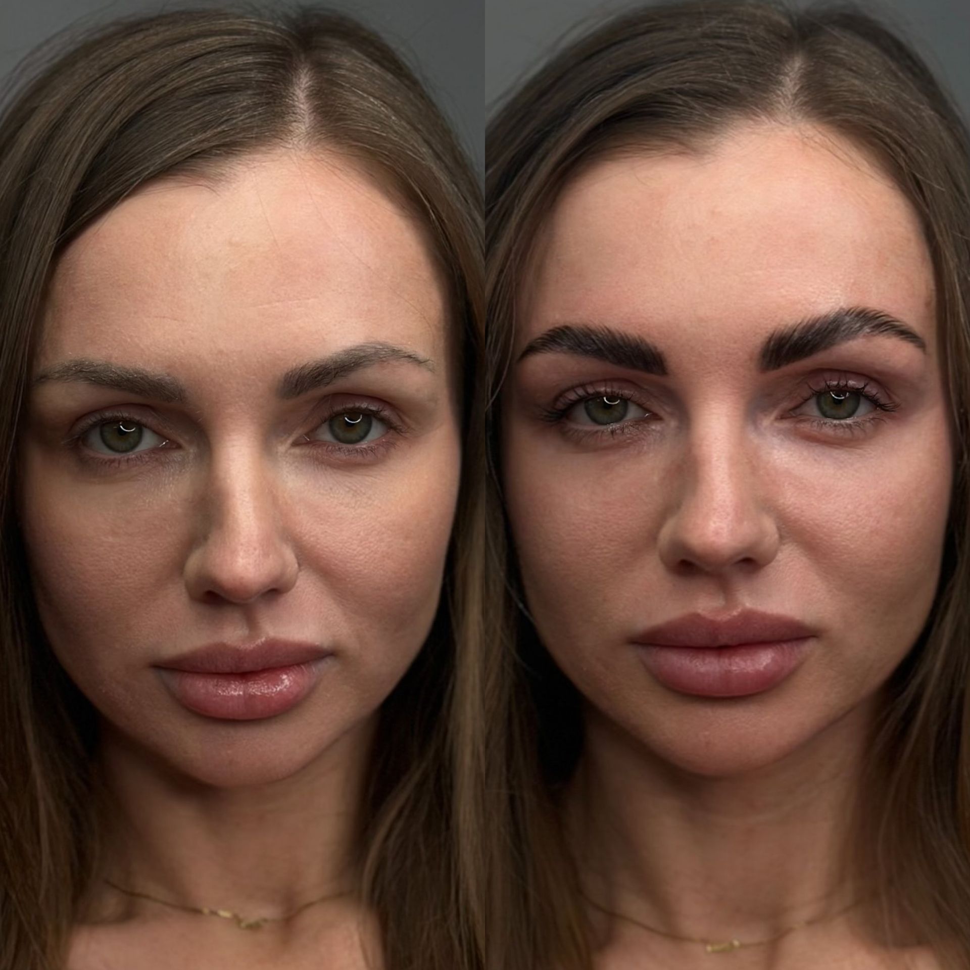 A before and after photo of a woman 's eyebrows.