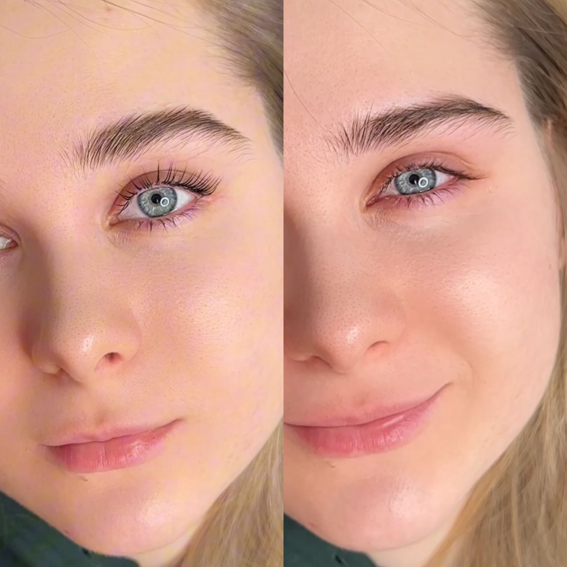 A close up of a woman 's face before and after makeup.