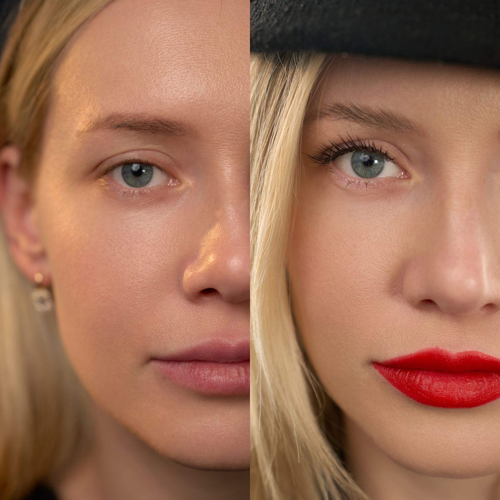 A before and after photo of a woman 's face