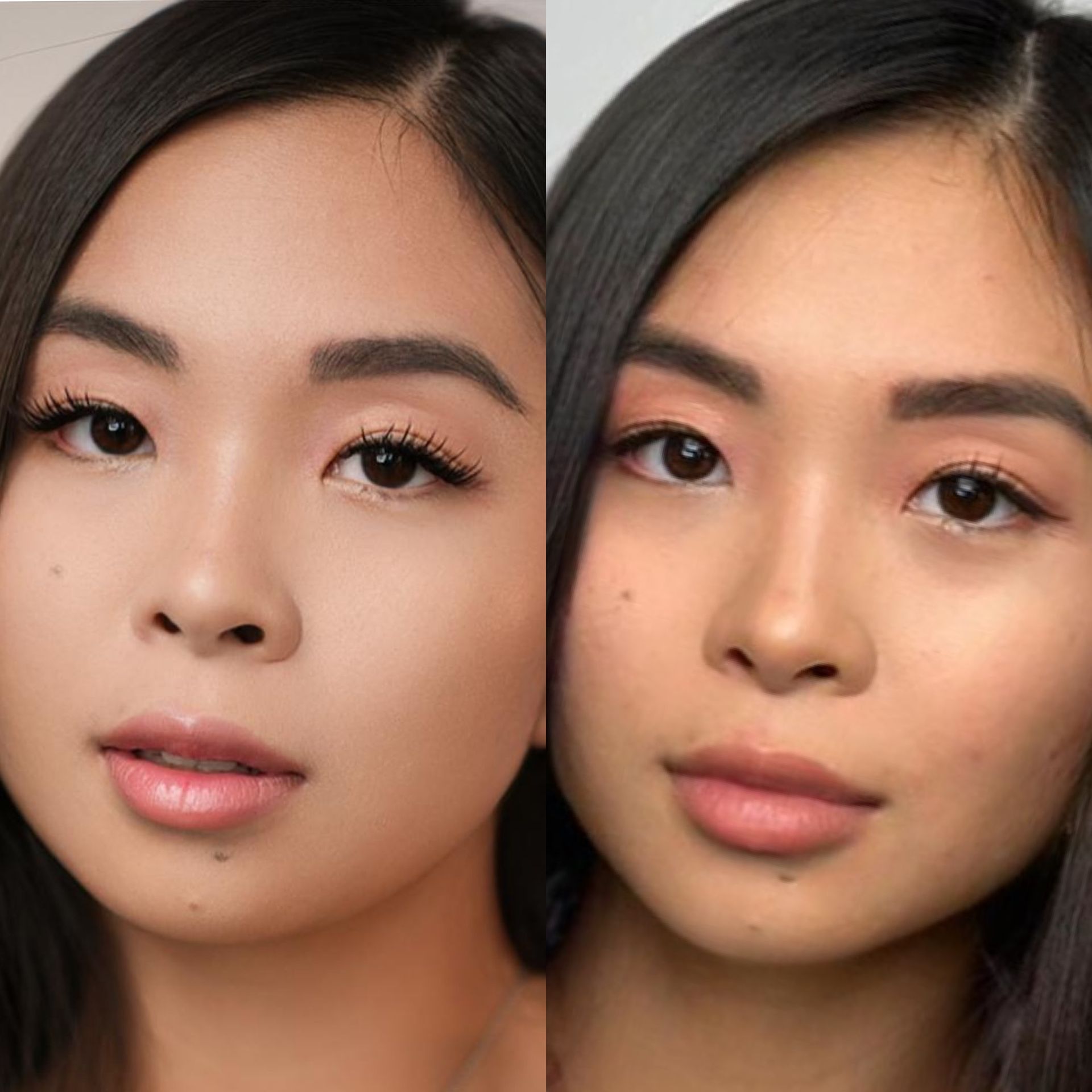 A before and after picture of a woman 's face