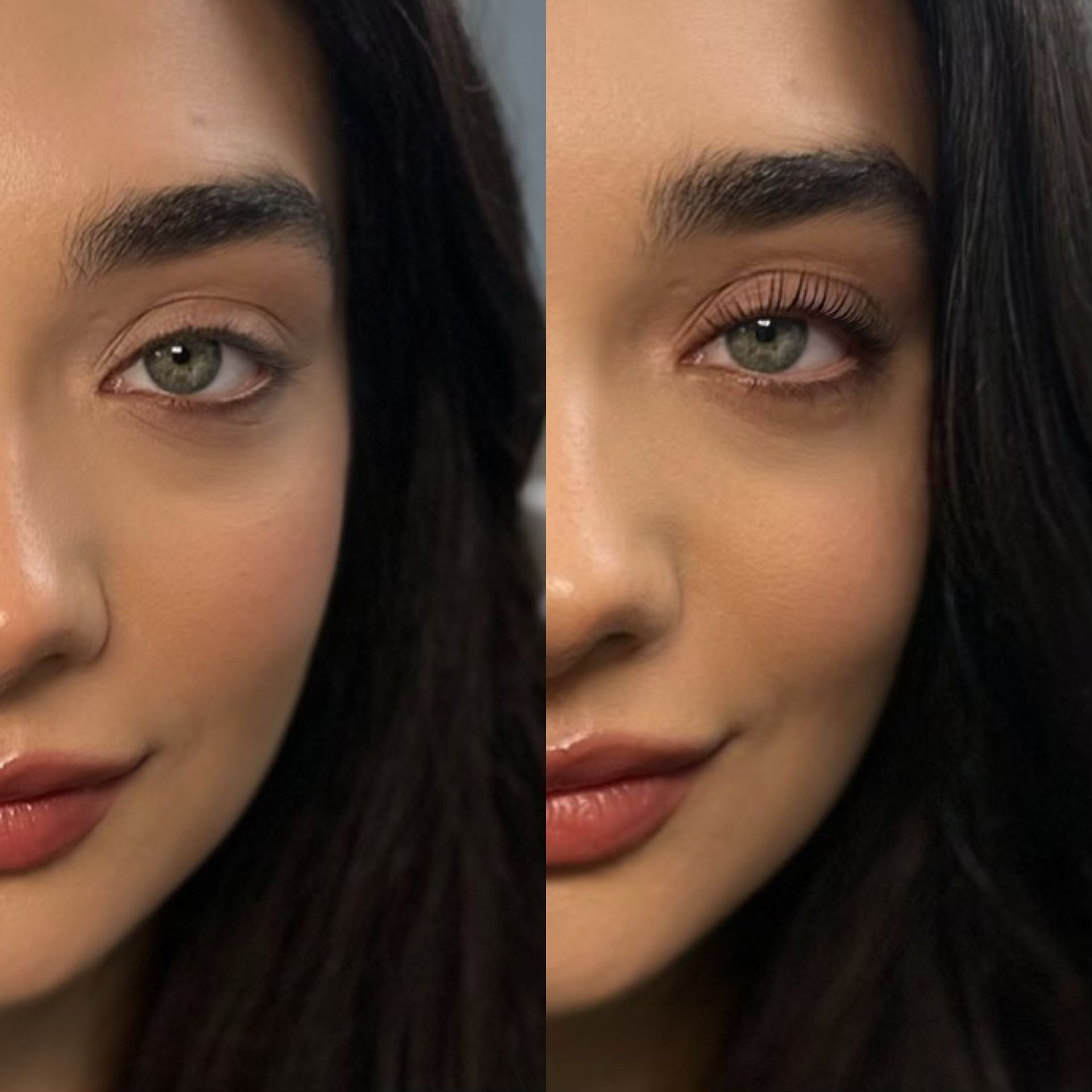 A before and after picture of a woman 's face