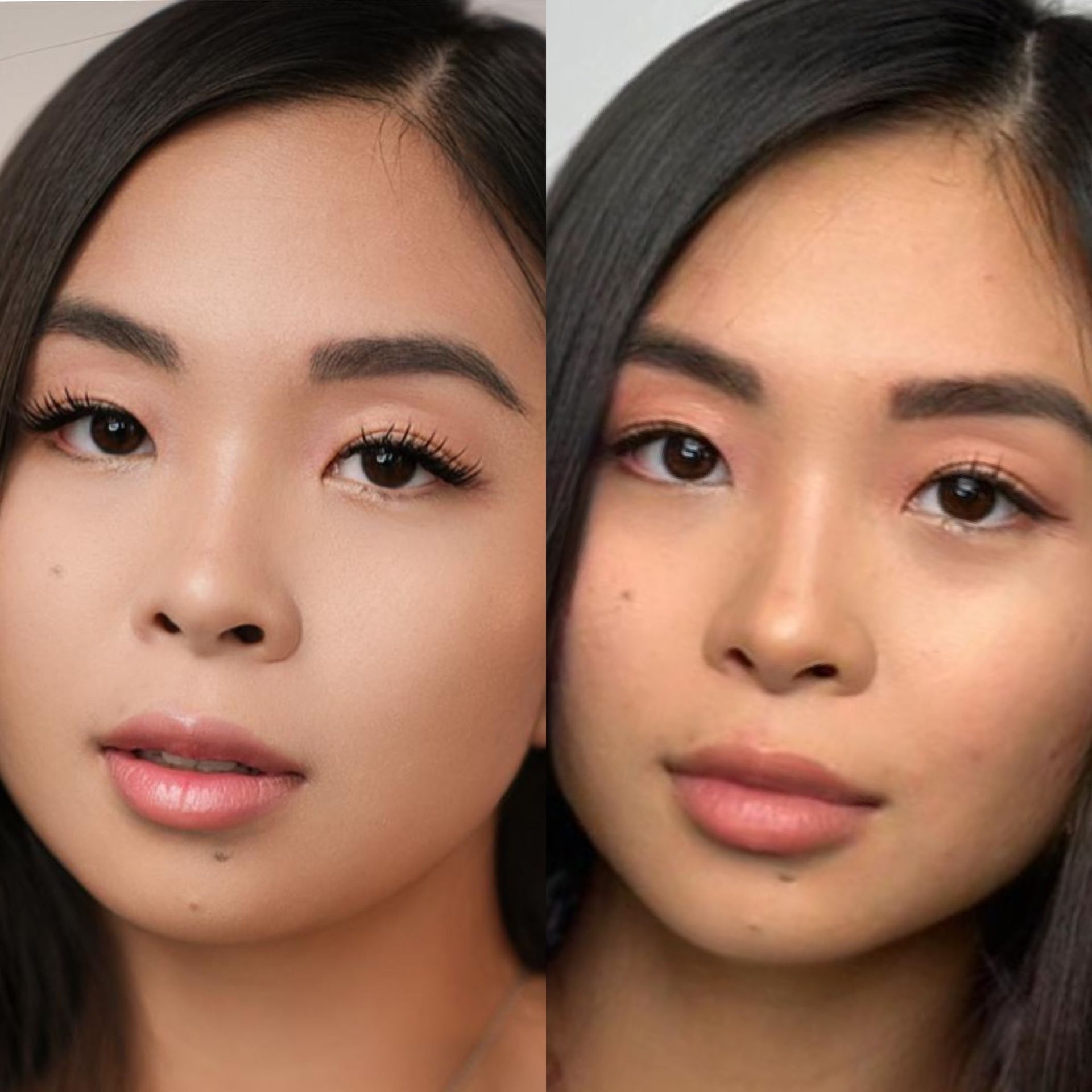Two pictures of a woman 's face with and without makeup.