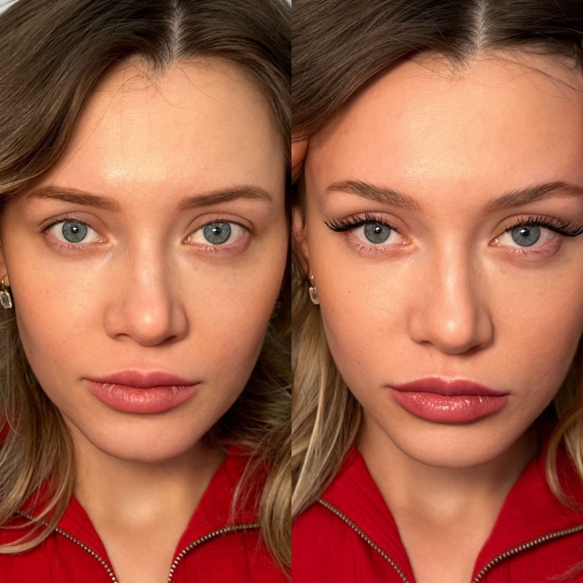 Two women are standing next to each other and one is wearing a red jacket