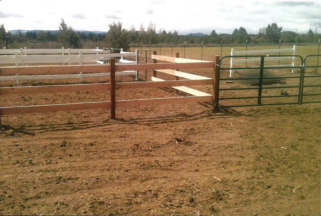 Wooden and metal fences enclosing a dirt area with a gate, trees and sky visible.