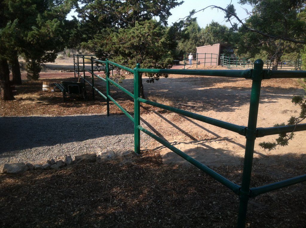 Green metal fence bordering a dry grassy area with trees and a structure in the background.