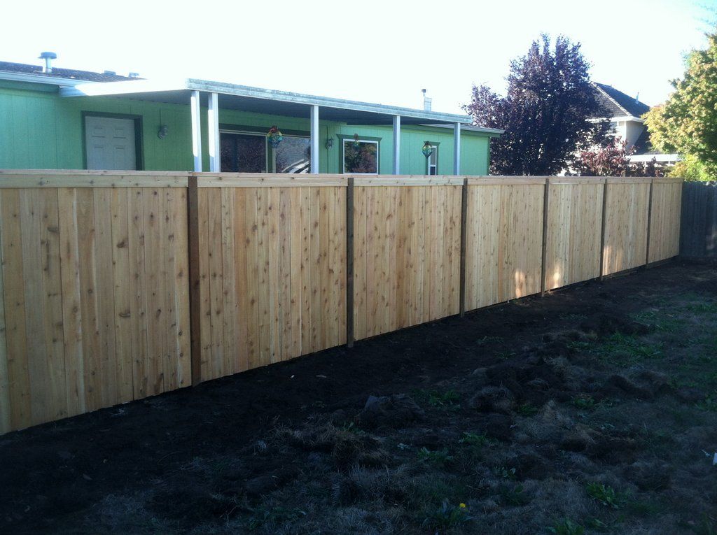 A new wooden fence bordering a backyard with a green house in the background.