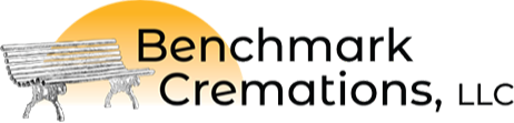 A logo for benchmark cremations , llc with a bench and a sun in the background.