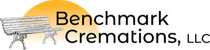 A logo for benchmark cremations , llc with a bench and a sun in the background.