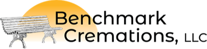 A logo for benchmark cremations , llc with a bench and a sun in the background.
