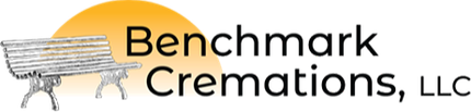 The logo for benchmark cremations , llc shows a bench with a sun in the background.
