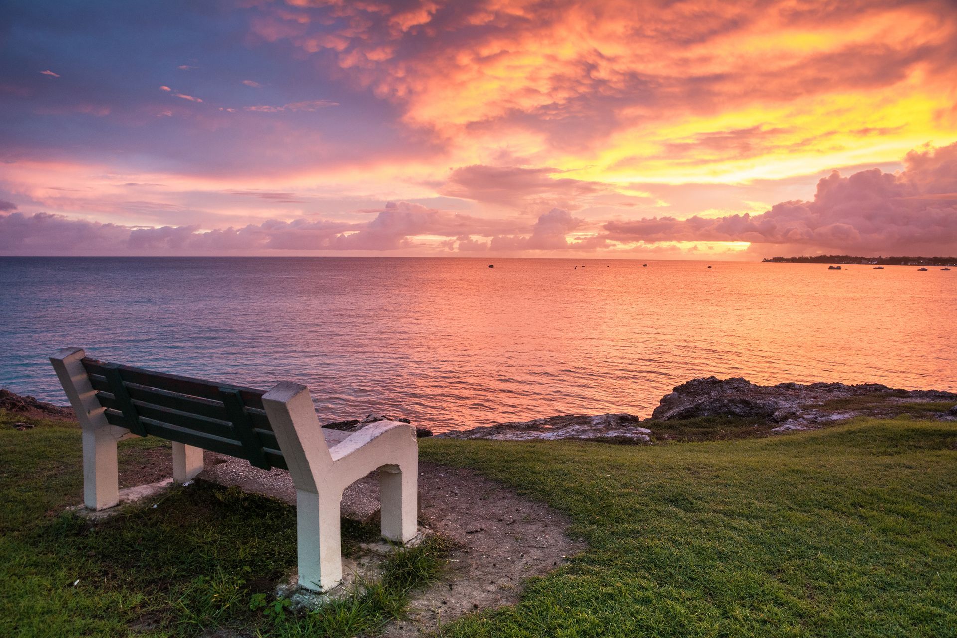 A bench is sitting on a grassy hill overlooking the ocean at sunset.