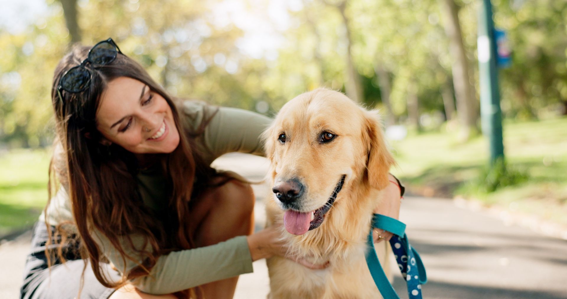 A person in a park smiles while petting a golden dog with a teal leash.