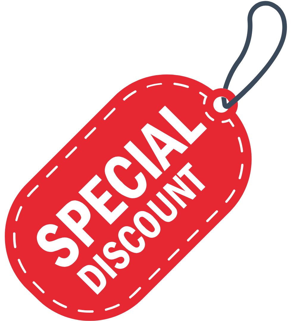 A red tag that says special discount on it