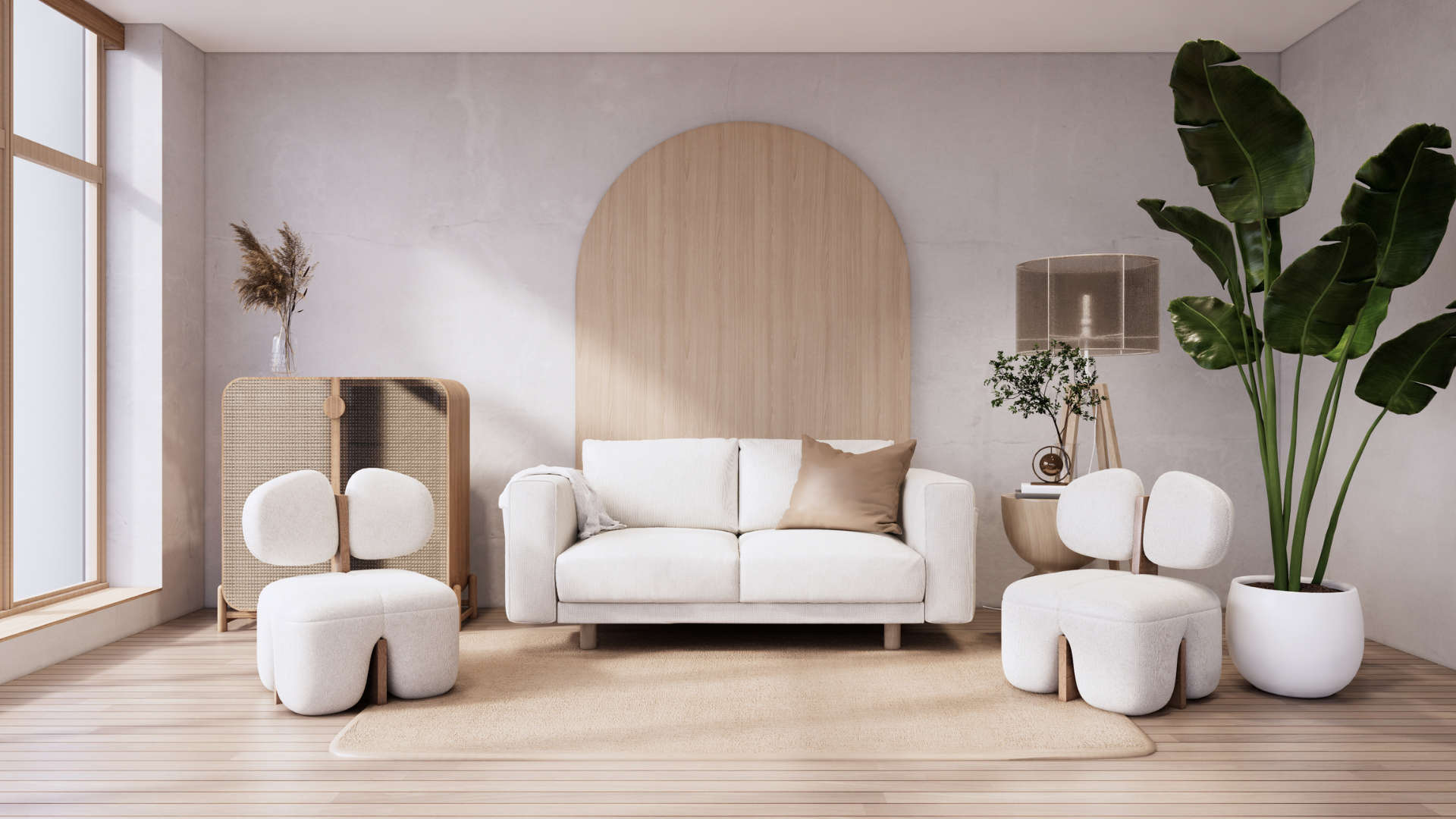 A living room with a white couch , chairs , ottomans and a plant.