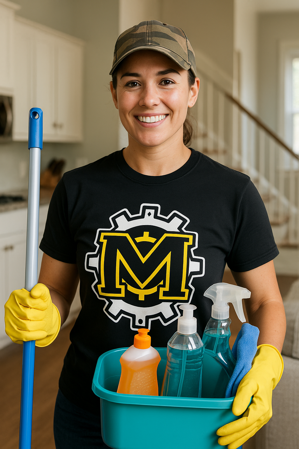 A woman is holding a mop and a bucket of cleaning supplies.