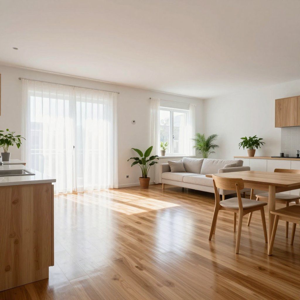 Light-filled living space with wooden floors, neutral-toned furniture, and potted plants. Sunlight streams through sheer curtains.