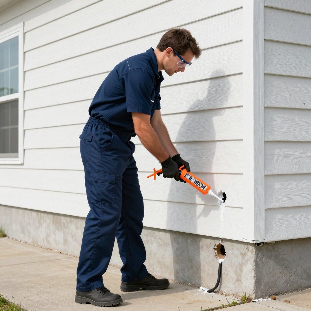 Man in blue jumpsuit using caulk gun on a building's exterior.