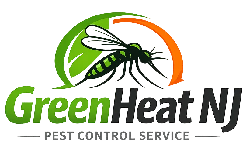 Logo for GreenHeat NJ pest control featuring a mosquito, green leaf, and orange arc.