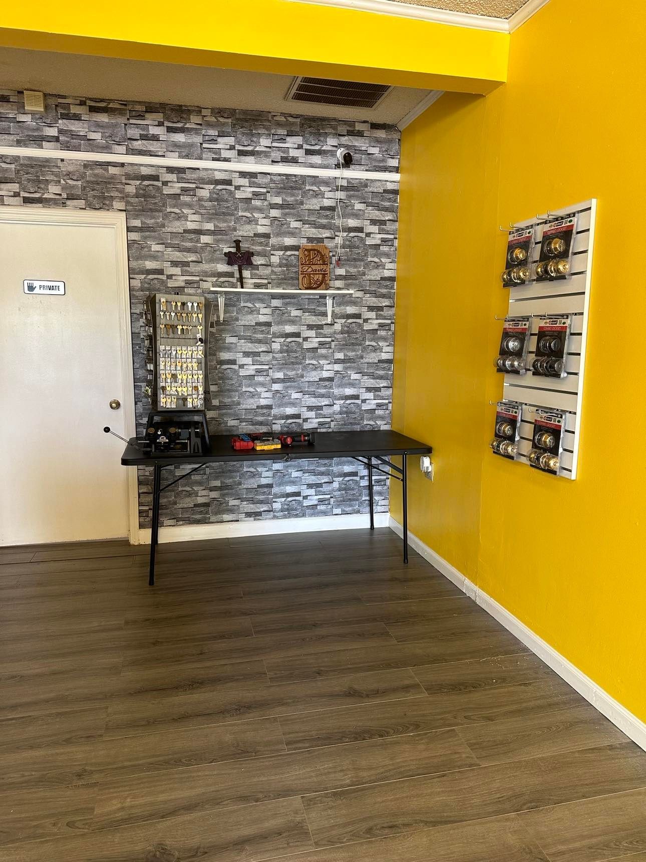 There is a table in the middle of the room.