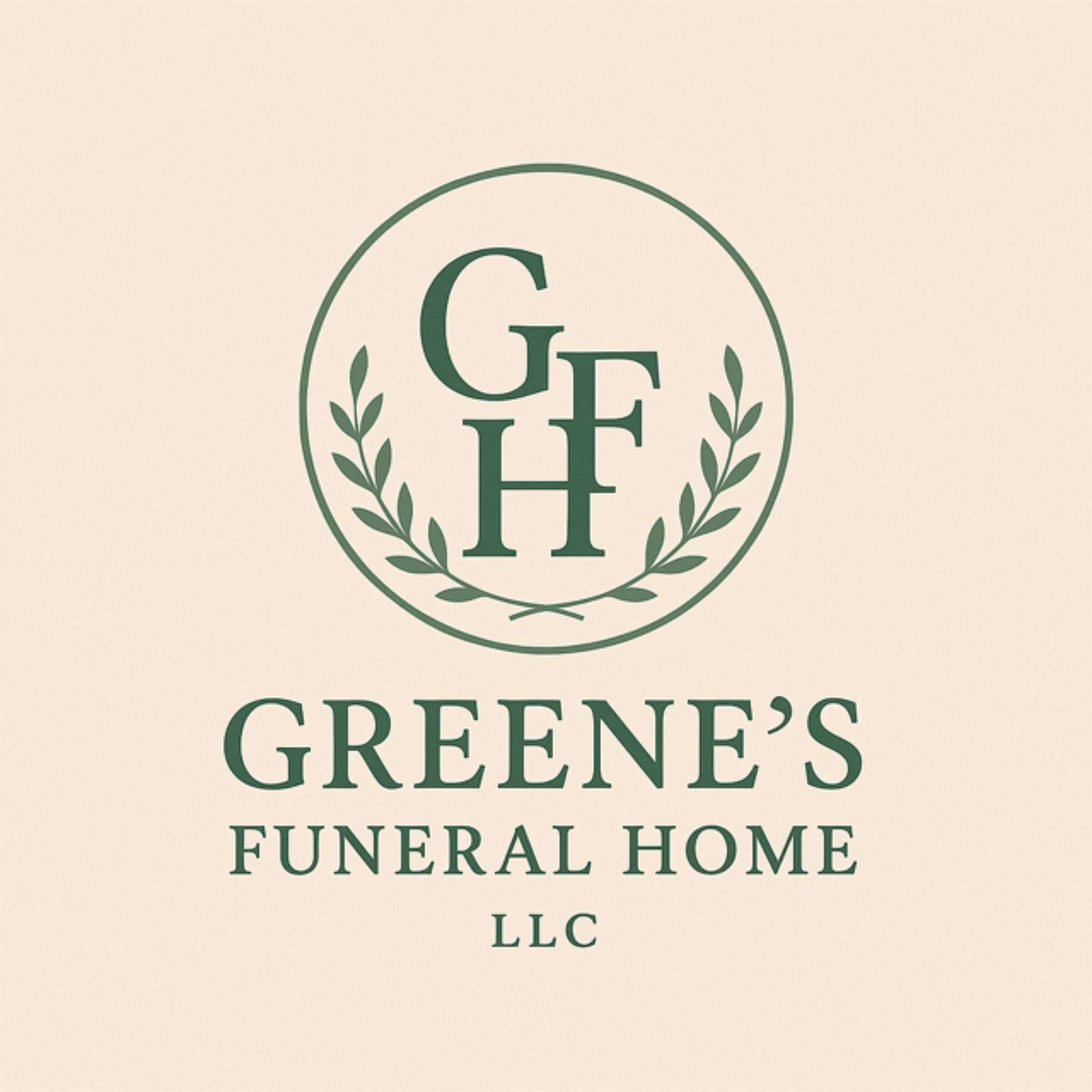 Logo for Greene's Funeral Home, featuring the initials