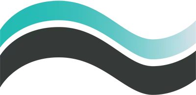 A horizontal abstract wave logo consisting of a teal top layer and a charcoal bottom layer separated by a thin white line.