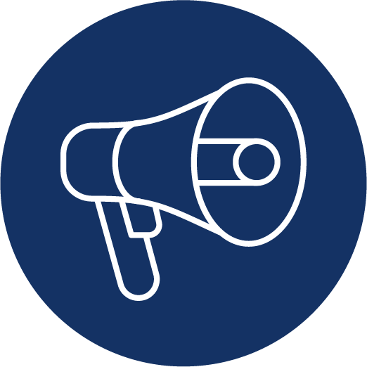 White outline of a megaphone on a dark blue circular background.