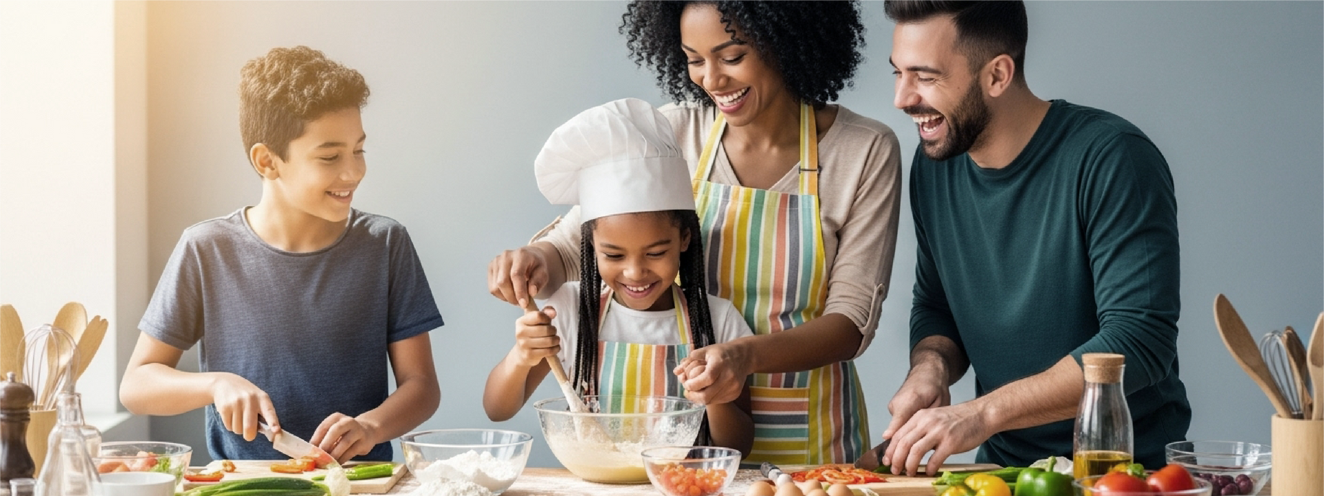 A family joyfully cooking together in a kitchen, mixing ingredients and preparing food on a countertop.