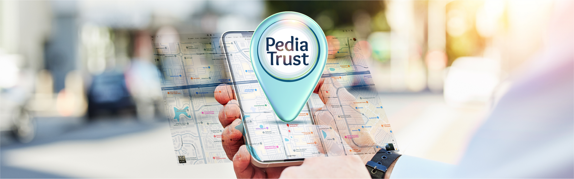 A person holding a phone with a map overlaid with a