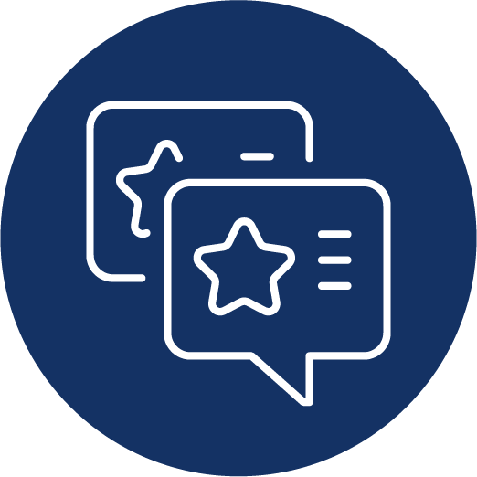 Two speech bubbles with a star icon inside, on a blue circle.