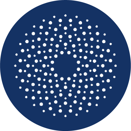 Blue circle with white dots arranged in a concentric pattern, resembling a stylized eye.