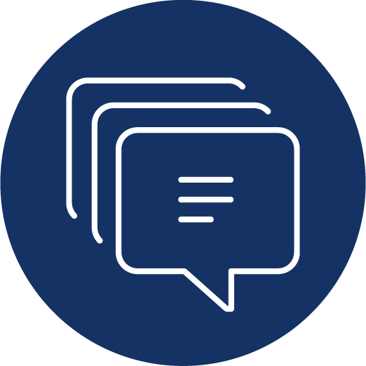 White outline of stacked speech bubbles with lines, on a dark blue circle.