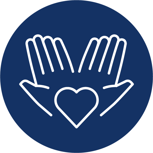 Three outline heads with a heart above the first, set against a dark blue circle.