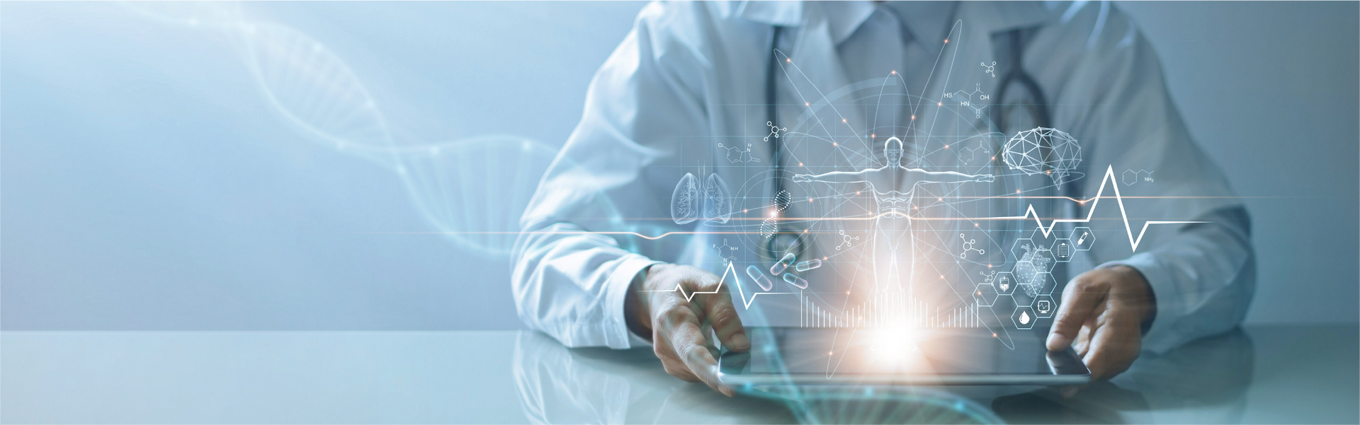 Doctor in lab coat holding a tablet, with a digital network overlay.