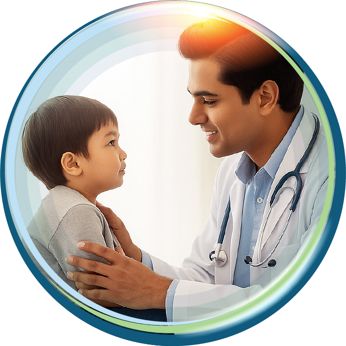 A smiling doctor in a white coat with a stethoscope around their neck, gently examining a young child.