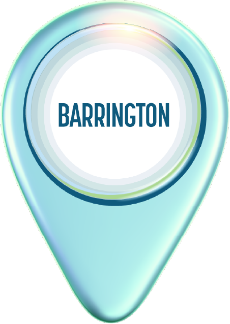 A light blue map pin icon with the word