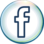 A dark blue Facebook logo icon on a white circular background with a subtle, iridescent light blue border.