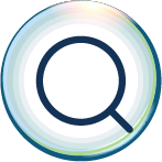 A magnifying glass icon centered inside a circular button with a soft blue and green gradient border.