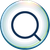 A magnifying glass icon centered inside a circular button with a soft blue and green gradient border.