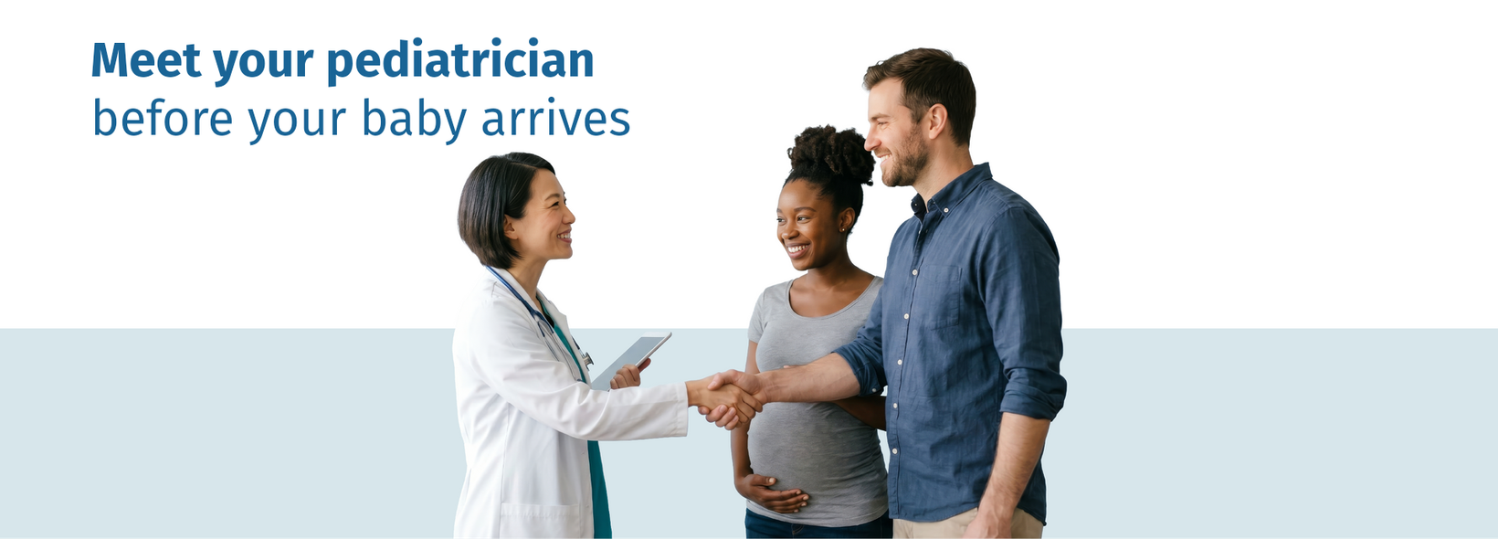 Pediatrician speaking with expectant parents in a bright clinic; text reads, “Meet your pediatrician before your baby arrives.”