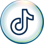A dark blue TikTok logo icon on a white circular background with a subtle, iridescent light blue border.